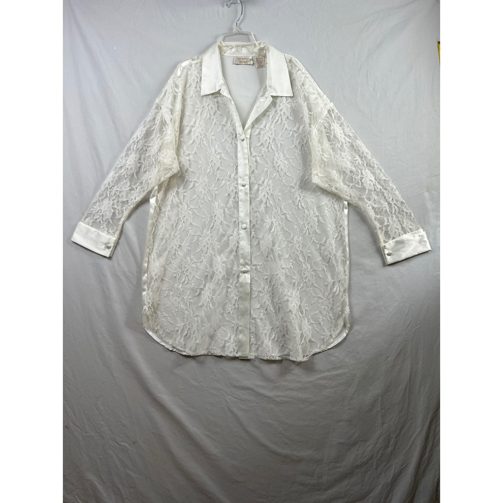 Victoria's Secret Sleep Shirt Women M/L Ivory Lace Satin Button Up Nightgown